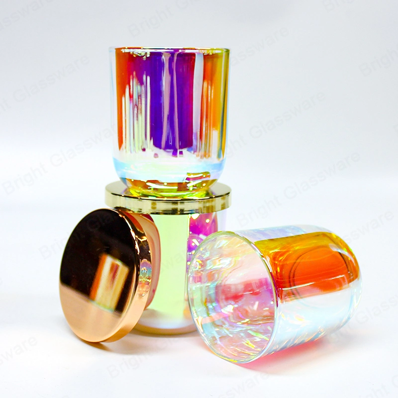 Luxury Iridescent Candle Jar Unique Holographic Glass Candle Holder with Metal Lid